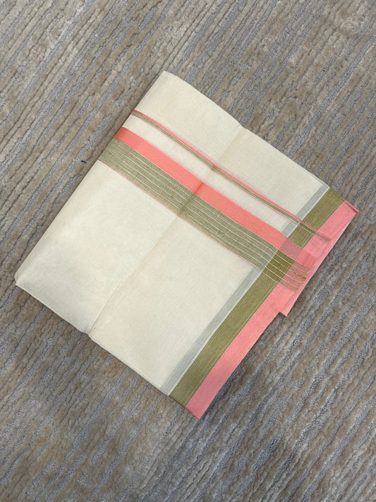 Off White Pure Cotton Double Mundu with Green and Peach Kara (South Indian Kerala Dhoti)
