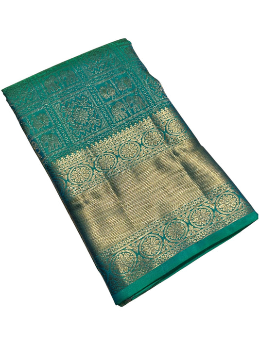 Southloom Pure Handloom Bridal Kanchipuram Brocade Silk Saree (Peacock Blue & Green) SL623