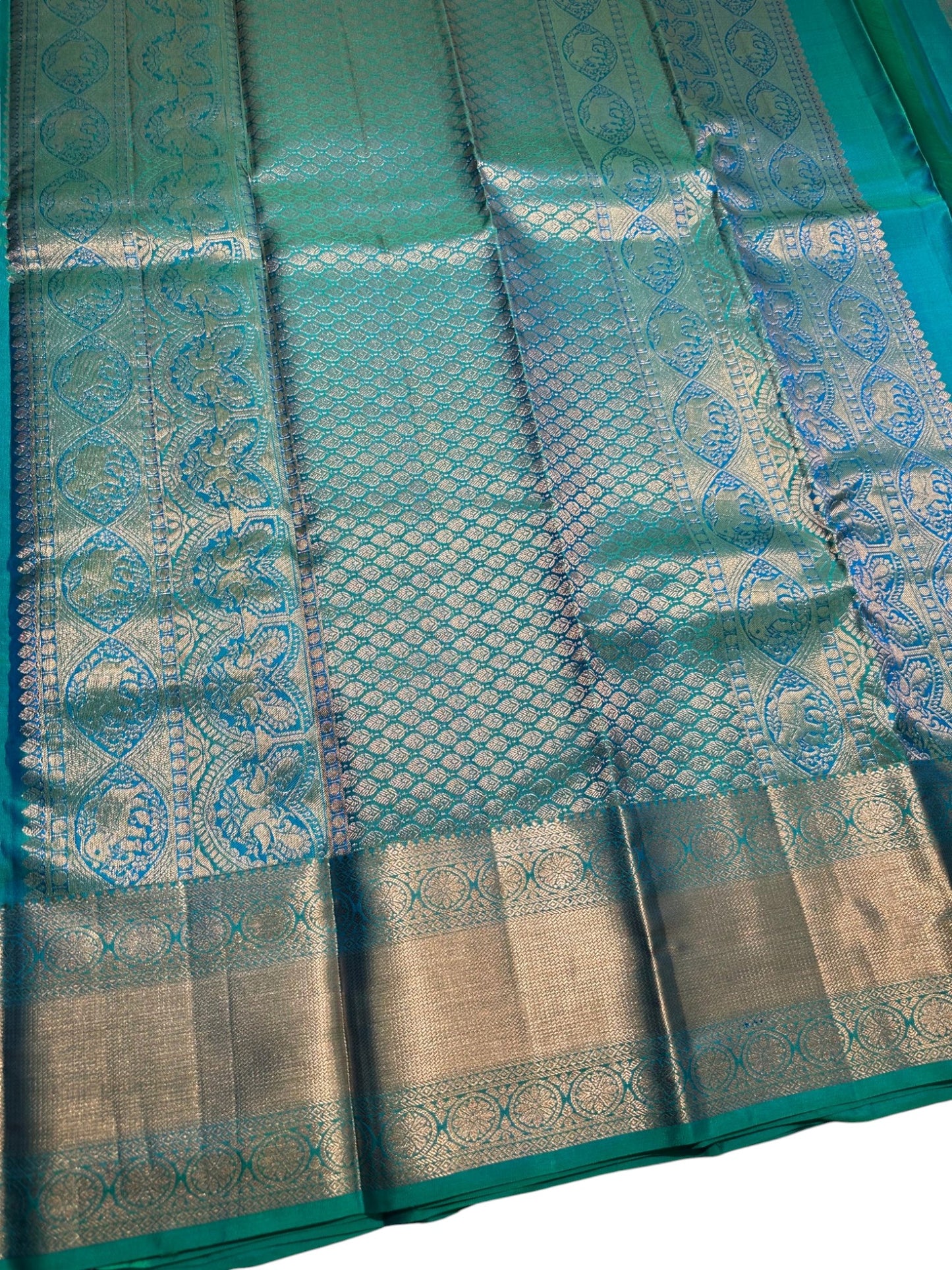 Southloom Pure Handloom Bridal Kanchipuram  Brocade Silk Saree (Peacock Blue & Green) SL623