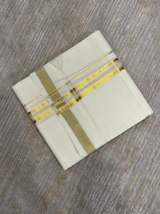 Pure Cotton Off White Double Mundu with Gold Kasavu Lines Border (South Indian Kerala Dhoti)