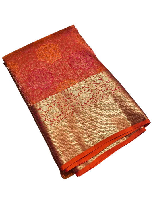Southloom Pure Handloom Bridal Kanchipuram Brocade Silk Saree (Orange & Magenta) SL623