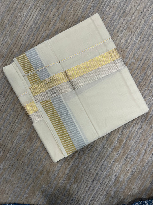 Pure Cotton Off White Double Mundu with Silver and Gold Kasavu Lines Kara (South Indian Kerala Dhoti)