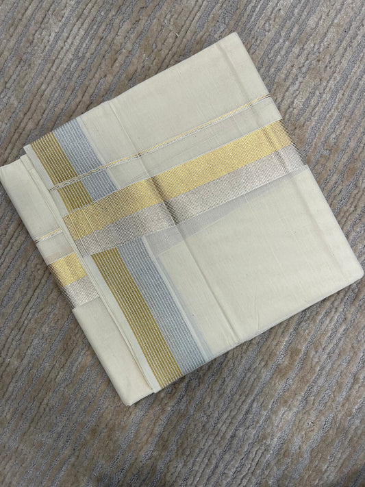 Pure Cotton Off White Double Mundu with Silver and Gold Kasavu Lines Kara (South Indian Kerala Dhoti)