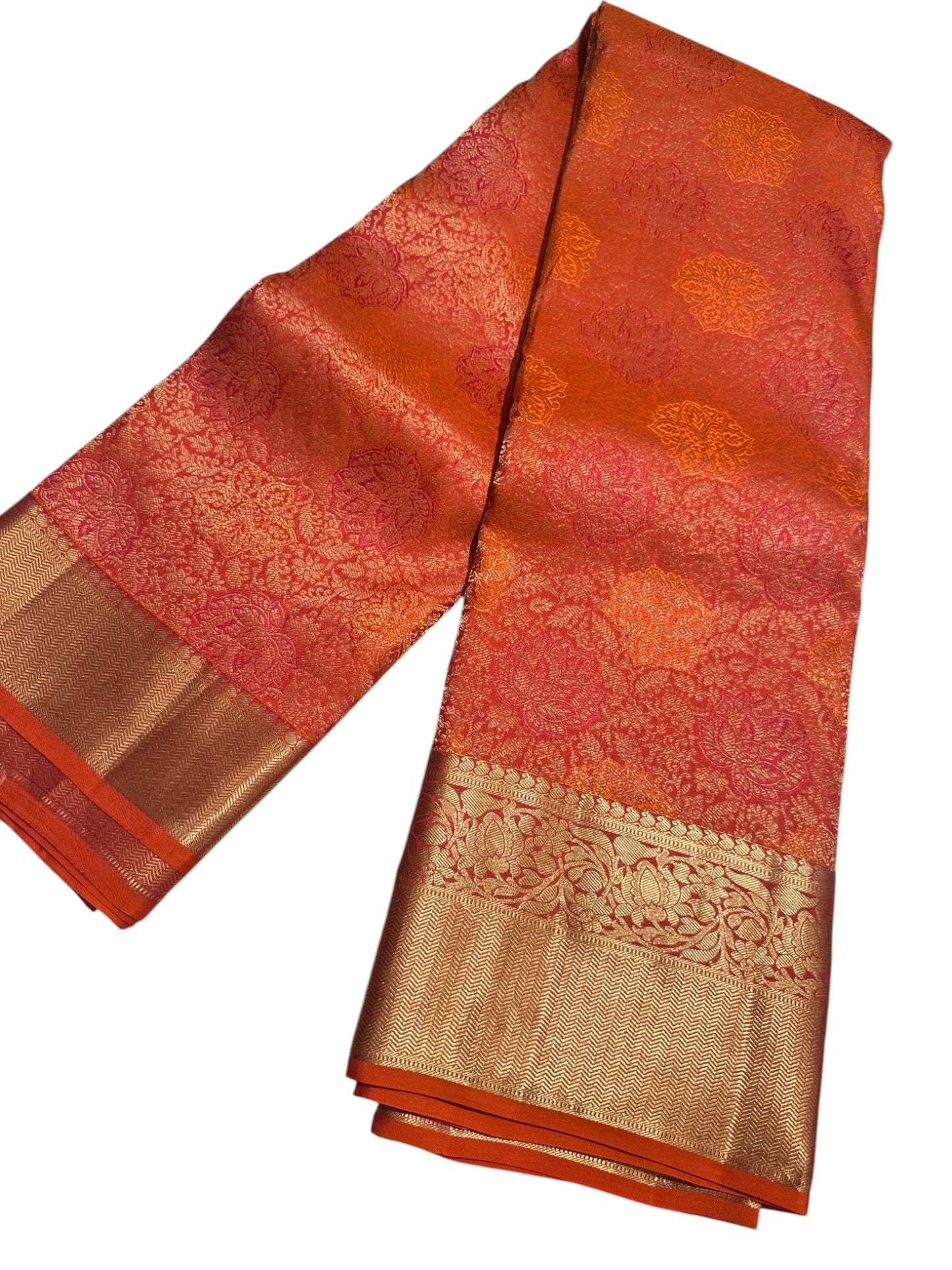 Southloom Pure Handloom Bridal Kanchipuram Brocade Silk Saree (Orange & Magenta) SL623