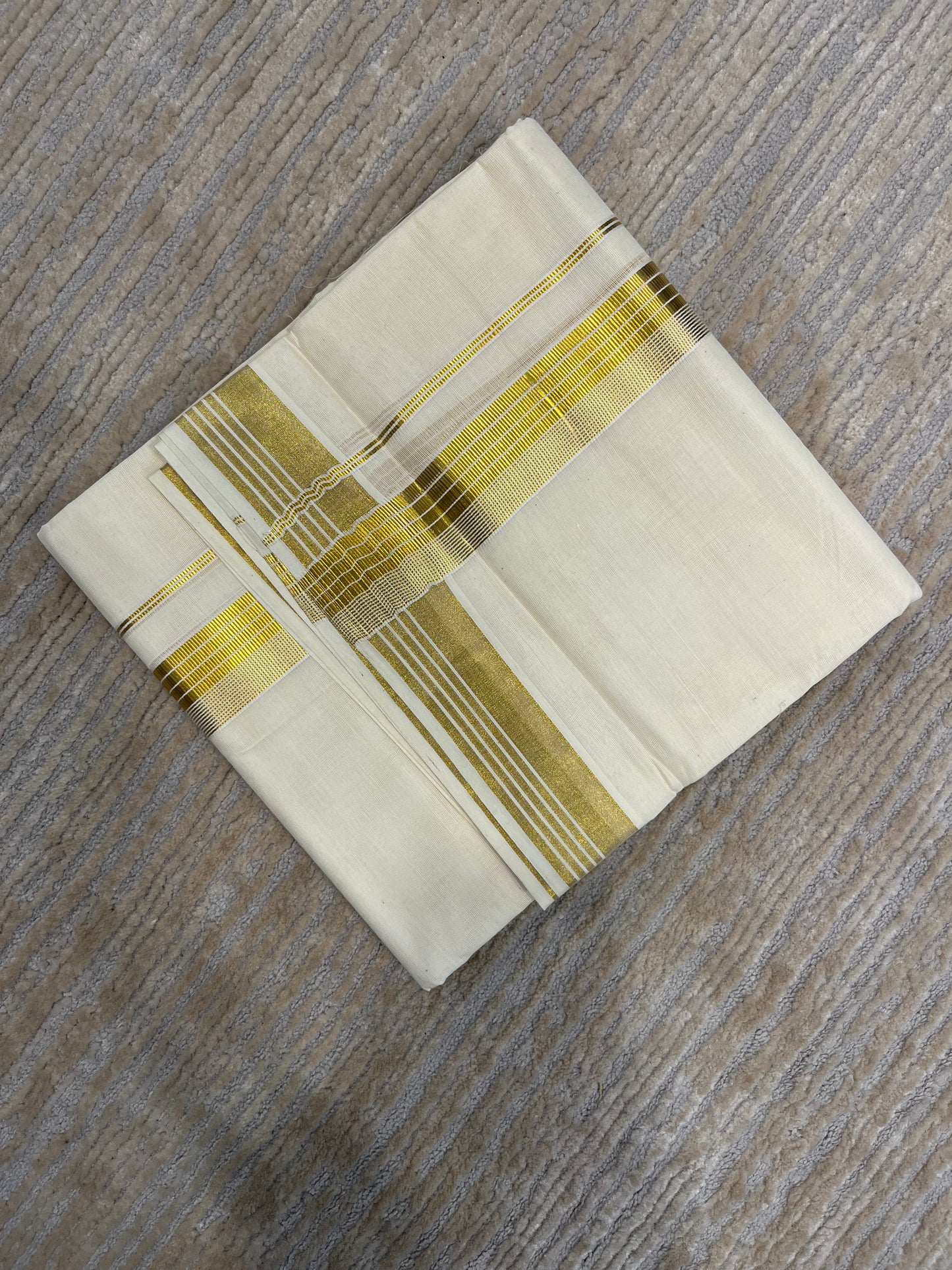 Pure Cotton Off White Double Mundu with Gold Kasavu Lines Border (South Indian Kerala Dhoti)