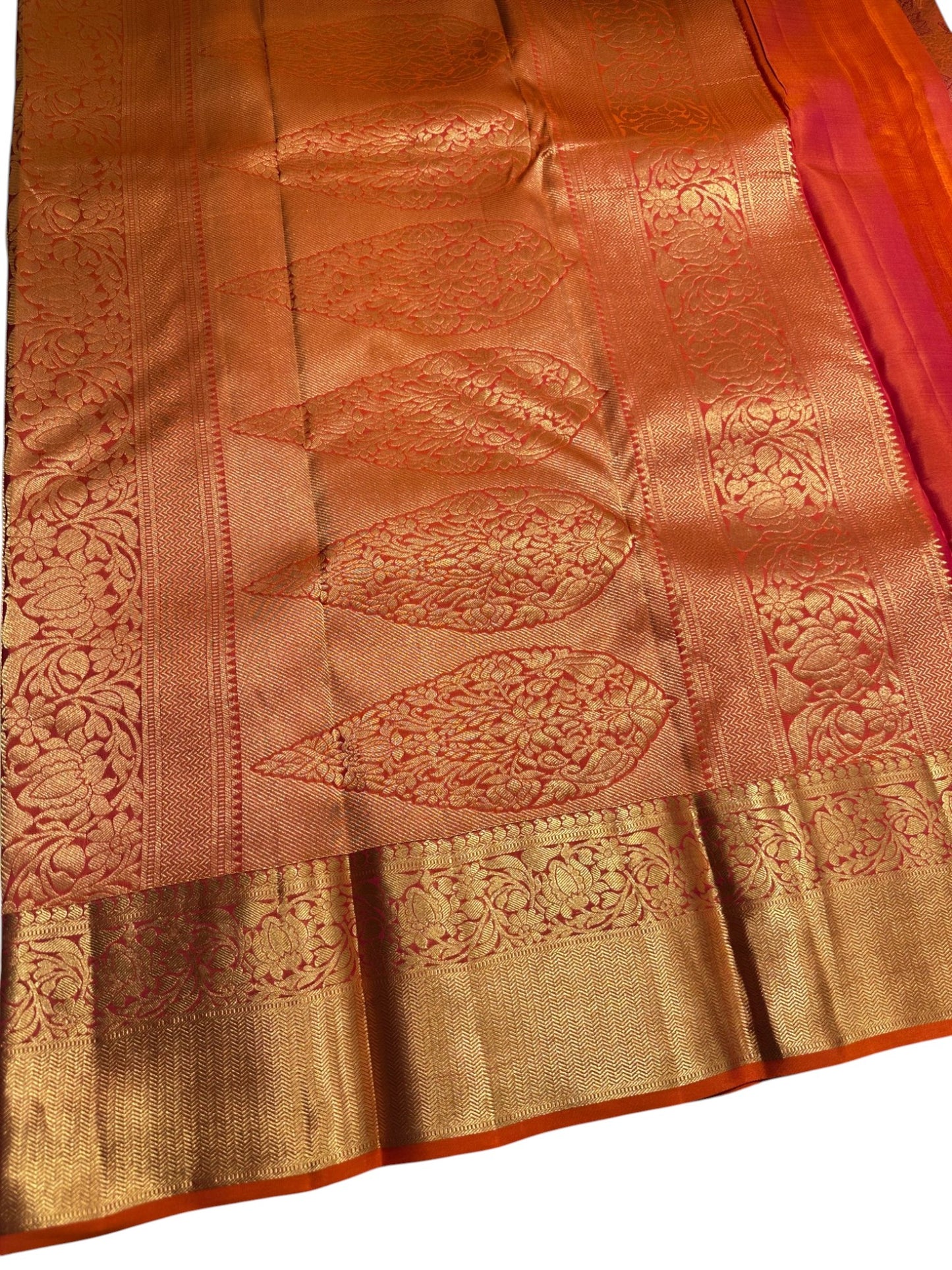 Southloom Pure Handloom Bridal Kanchipuram Brocade Silk Saree (Orange & Magenta) SL623