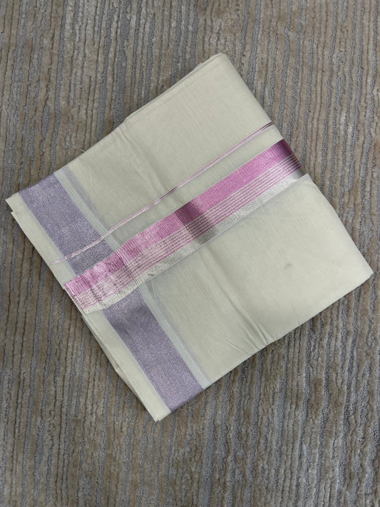 Pure Cotton Off White Double Mundu with Silver and Rose Gold Kasavu Lines Kara (South Indian Kerala Dhoti)
