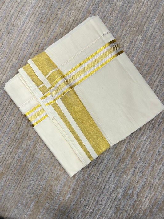 Pure Cotton Off White Double Mundu with Silver and Gold Kasavu Lines Kara (South Indian Kerala Dhoti)
