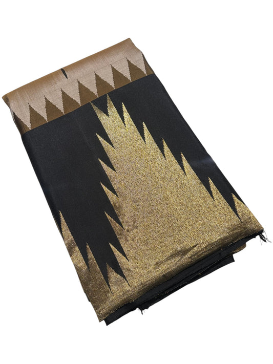 Southloom Pure Handloom Bridal Kanchipuram Silk Saree with Korvai Temple Border (Black & Beige) SL623