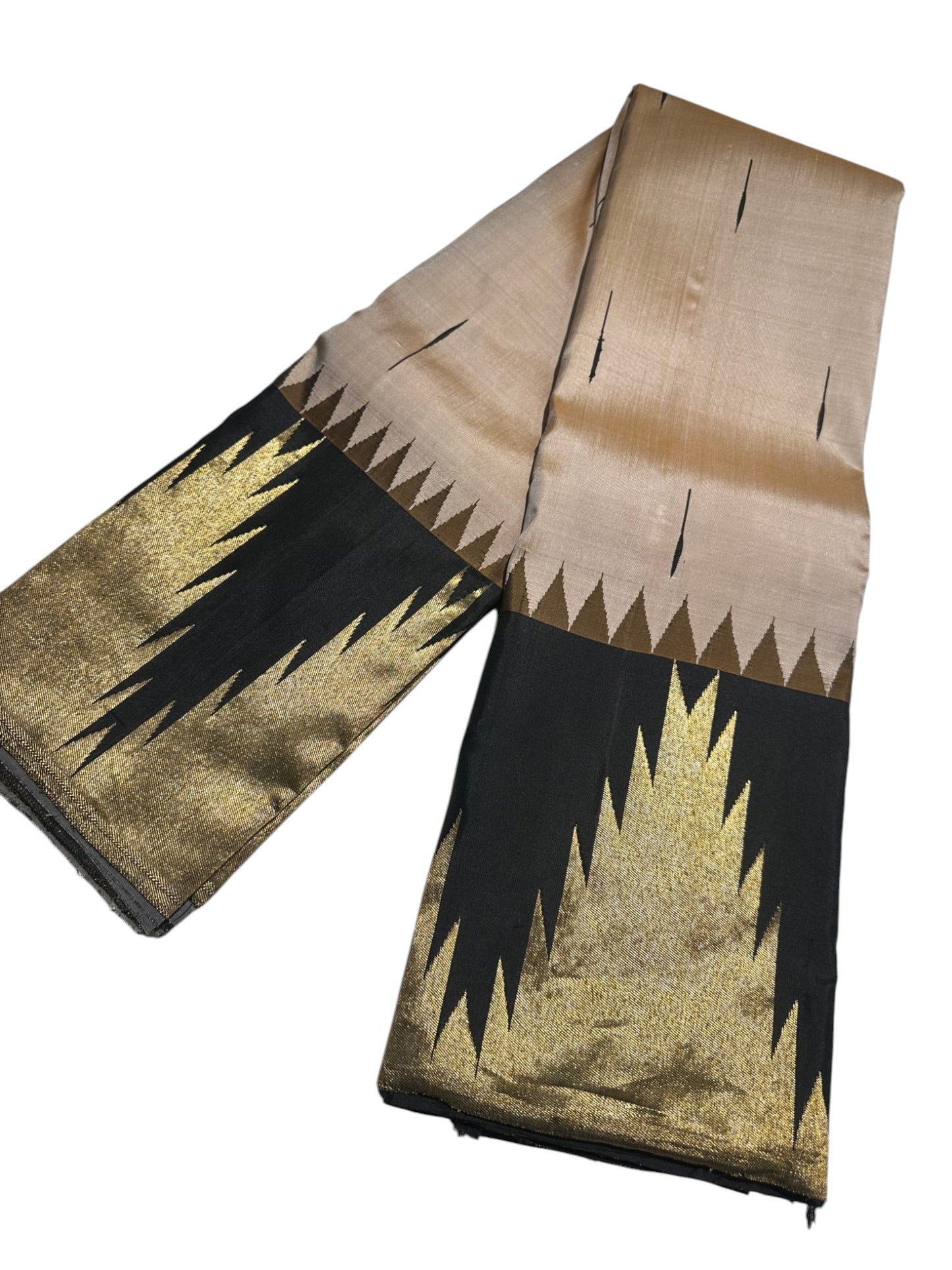 Southloom Pure Handloom Bridal Kanchipuram Silk Saree with Korvai Temple Border (Black & Beige) SL623