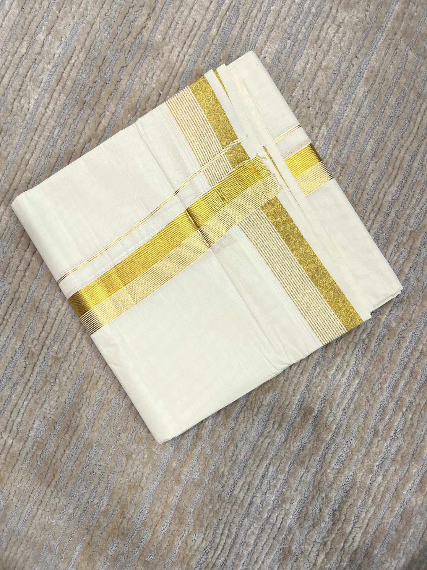 Pure Cotton Off White Double Mundu with Gold Kasavu Lines Kara (South Indian Kerala Dhoti)