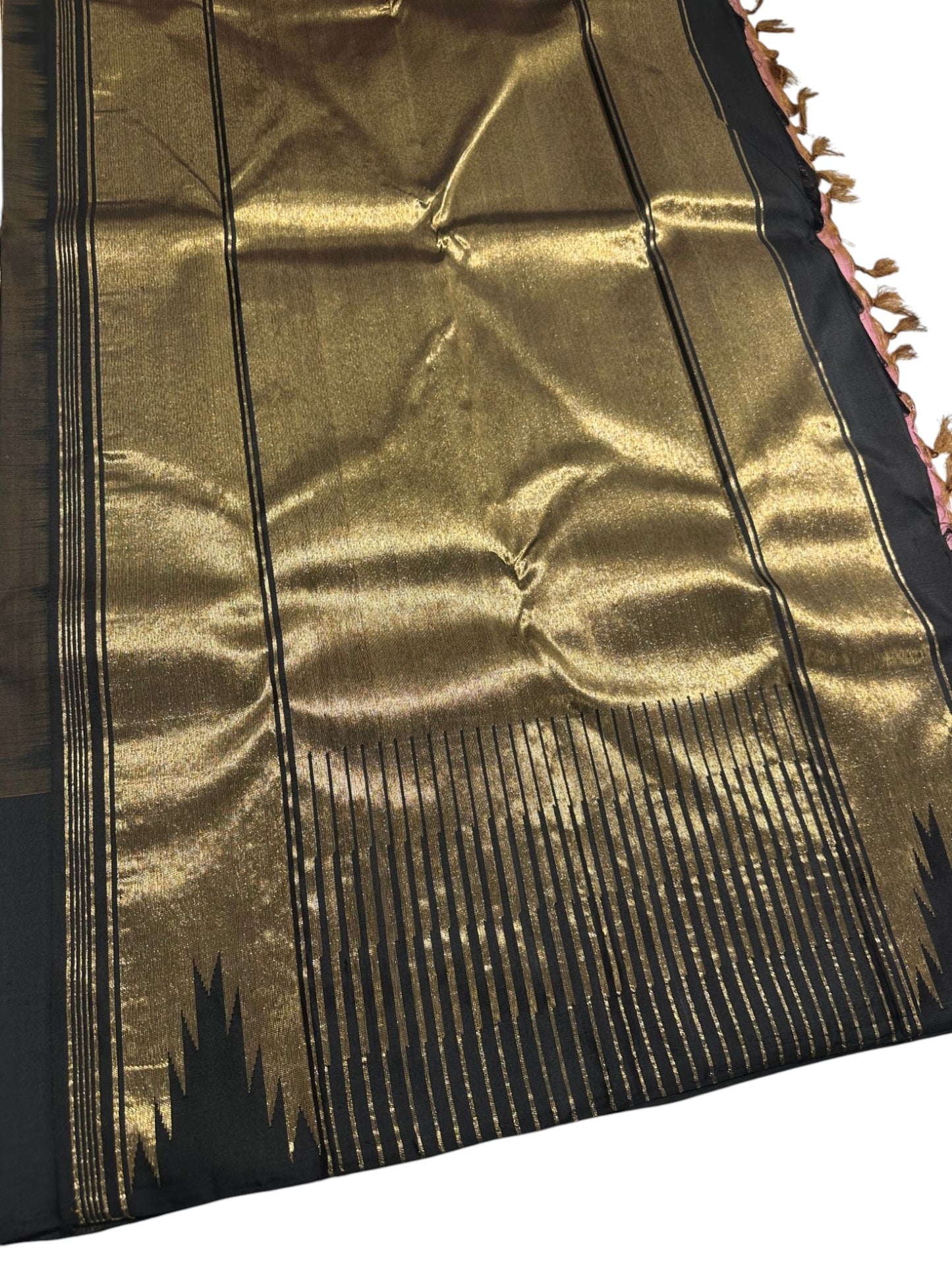 Southloom Pure Handloom Bridal Kanchipuram Silk Saree with Korvai Temple Border (Black & Beige) SL623