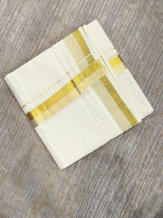 Pure Cotton Off White Double Mundu with Gold Kasavu Lines Kara (South Indian Kerala Dhoti)