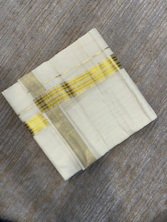 Pure Cotton Off White Double Mundu with Gold Kasavu Lines Kara (South Indian Kerala Dhoti)