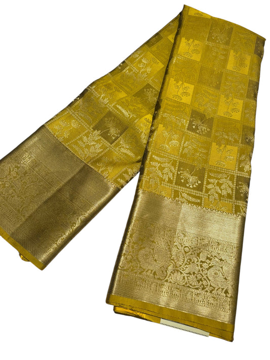 Southloom Pure Handloom Bridal Kanchipuram Brocade Silk Saree (Mustard Yellow) SL623