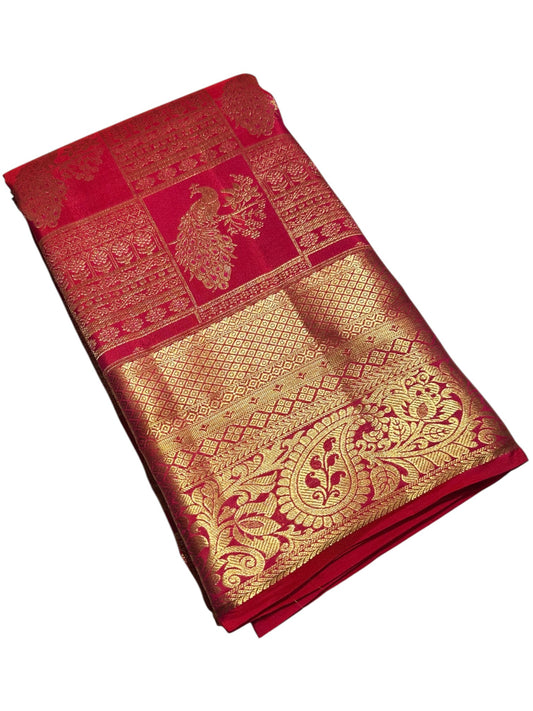 Southloom Pure Handloom Bridal Kanchipuram Brocade Silk Saree (Red) SL623