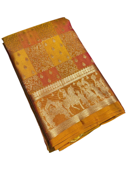 Southloom Pure Handloom Bridal Kanchipuram Brocade Silk Saree (Orange & Pink) SL623