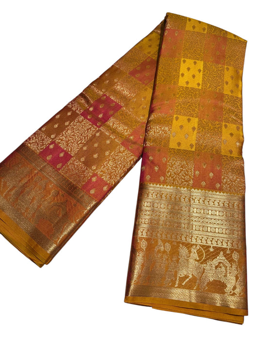 Southloom Pure Handloom Bridal Kanchipuram Brocade Silk Saree (Orange & Pink) SL623
