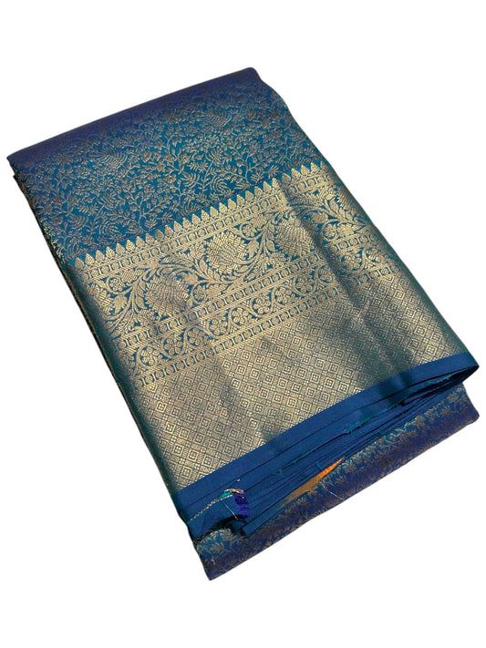 Southloom Pure Handloom Bridal Kanchipuram Brocade Silk Saree (Blue) SL623
