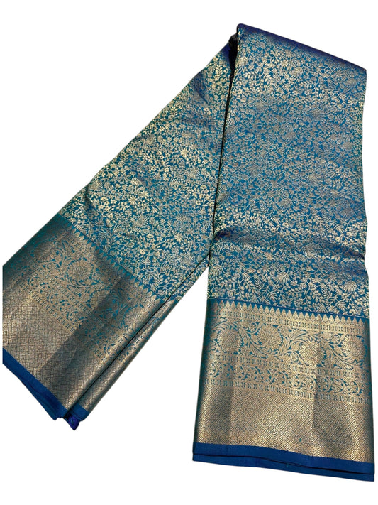 Southloom Pure Handloom Bridal Kanchipuram Brocade Silk Saree (Blue) SL623