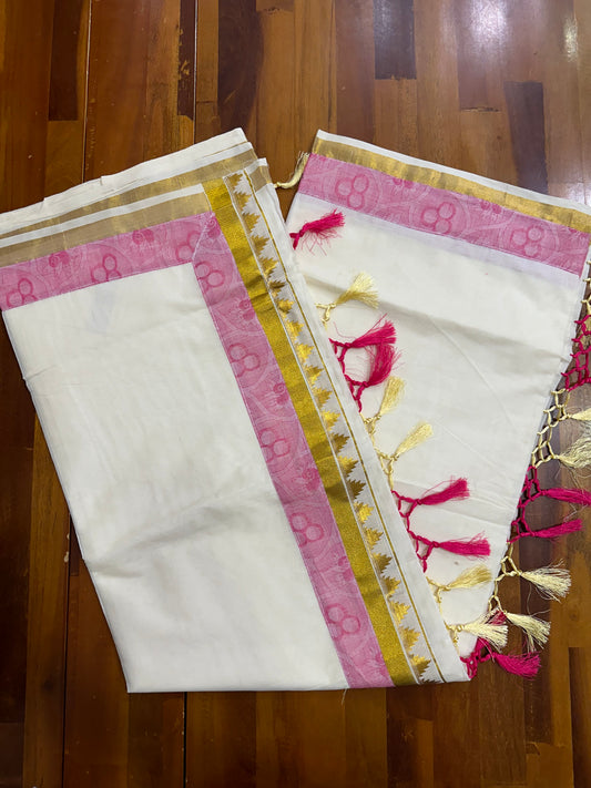 Southloom Kalamkari Kasavu Saree with Pink Work and Seperate Blouse Piece