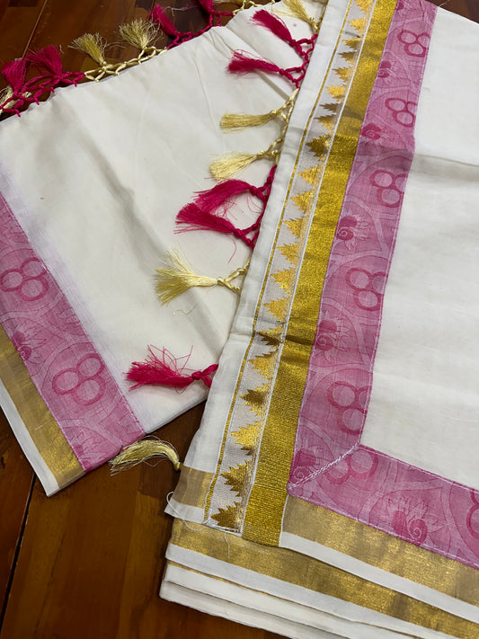 Southloom Kalamkari Kasavu Saree with Pink Work and Seperate Blouse Piece