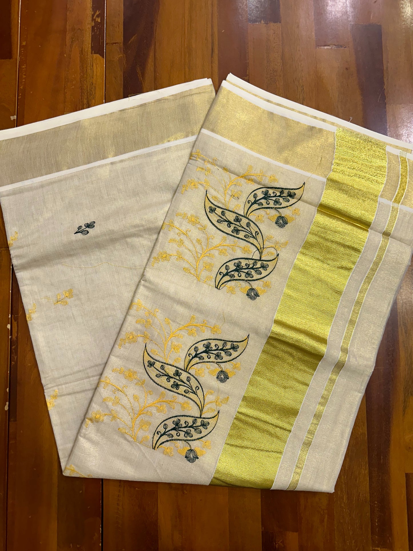 Southloom Tissue Kasavu Saree with Yellow and Green Embroidery Work