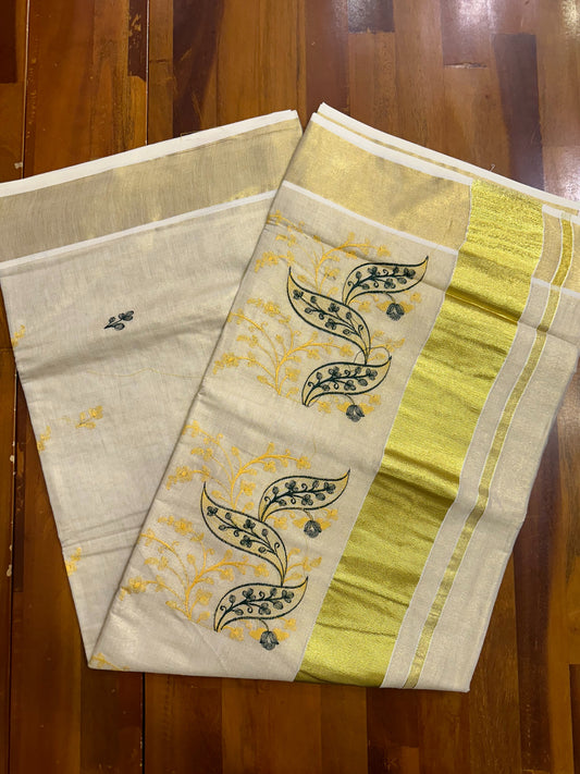 Southloom Tissue Kasavu Saree with Yellow and Green Embroidery Work