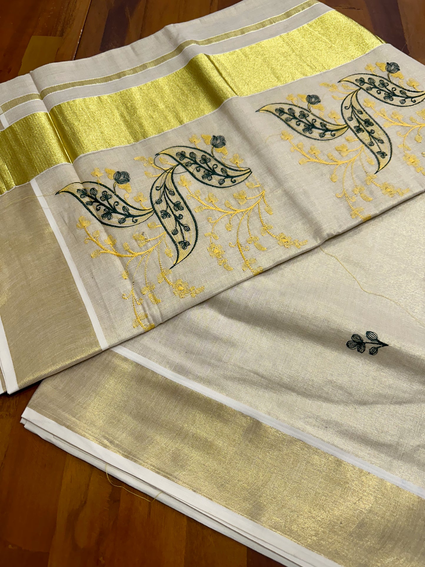 Southloom Tissue Kasavu Saree with Yellow and Green Embroidery Work