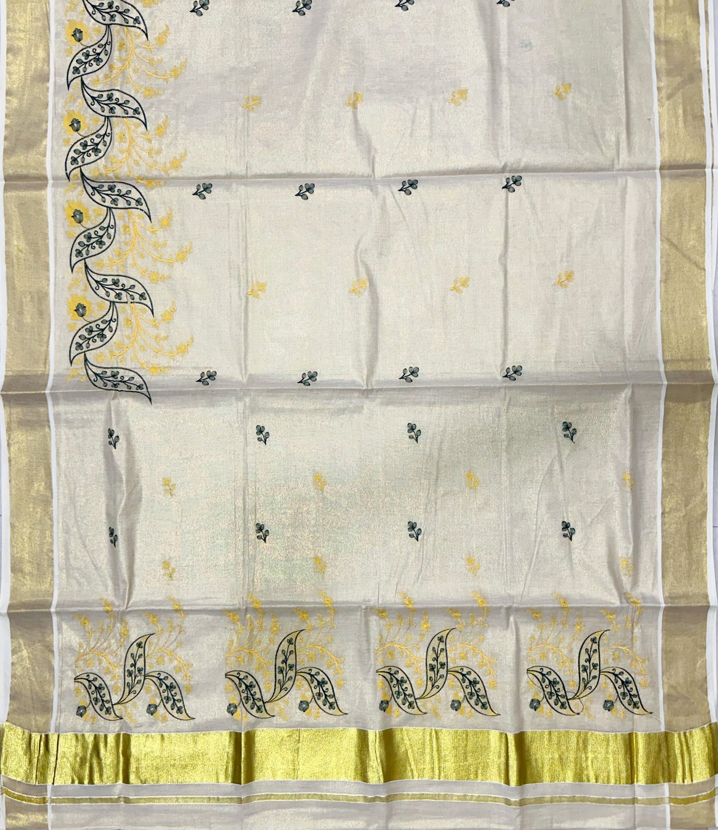 Southloom Tissue Kasavu Saree with Yellow and Green Embroidery Work