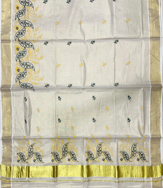 Southloom Tissue Kasavu Saree with Yellow and Green Embroidery Work