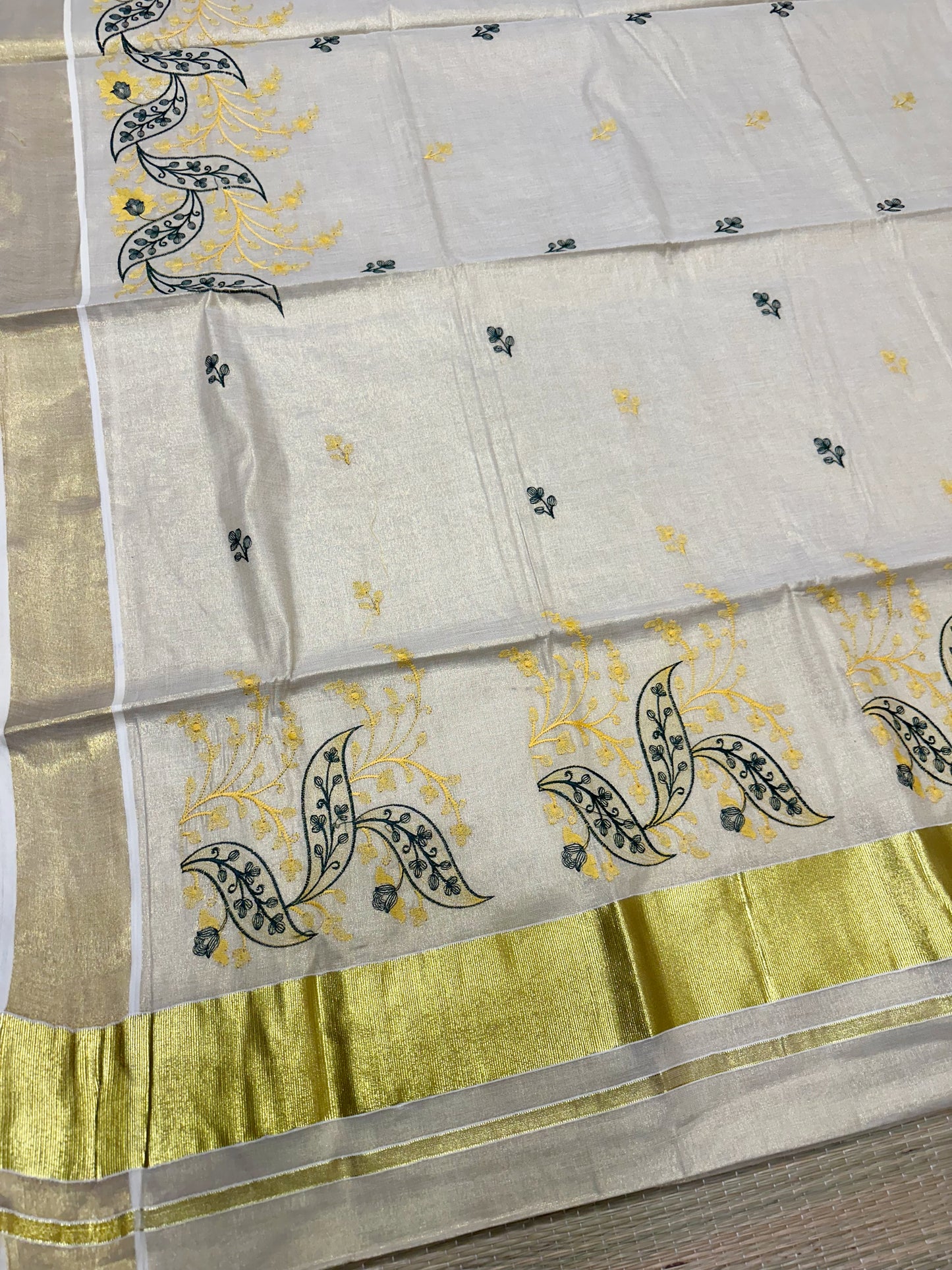 Southloom Tissue Kasavu Saree with Yellow and Green Embroidery Work