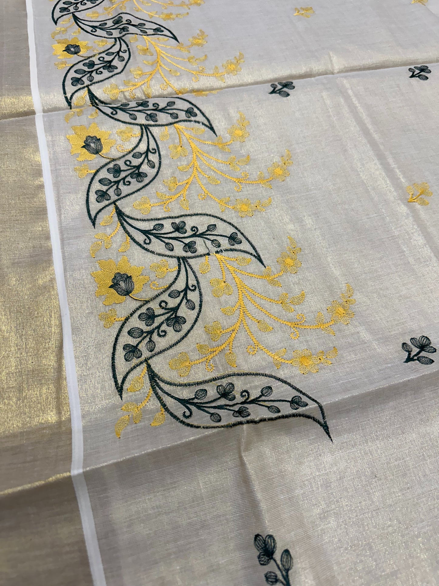 Southloom Tissue Kasavu Saree with Yellow and Green Embroidery Work