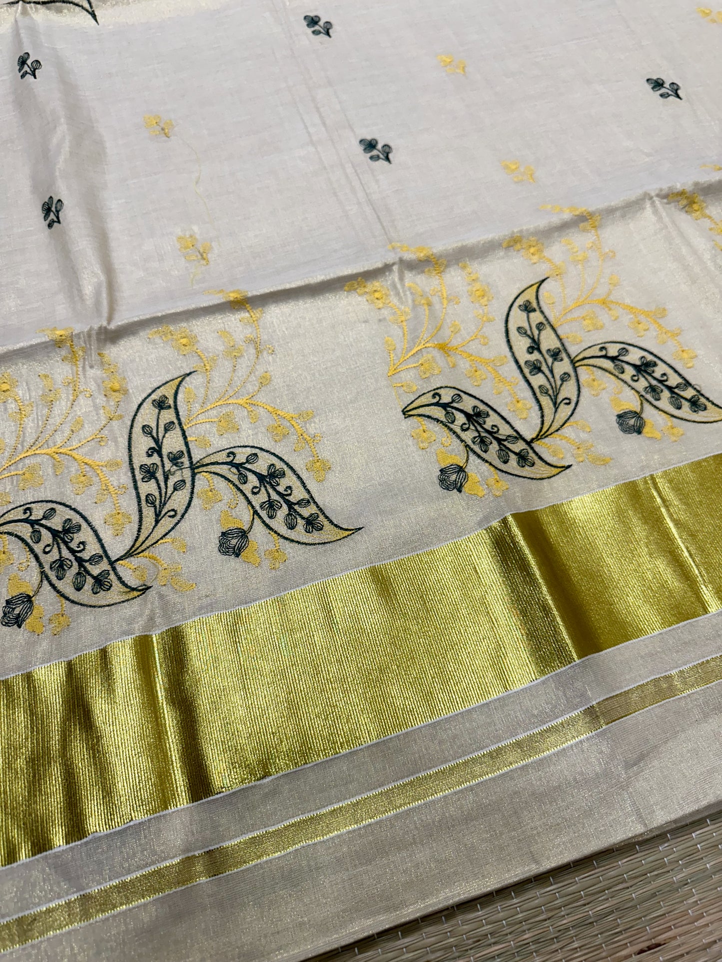 Southloom Tissue Kasavu Saree with Yellow and Green Embroidery Work