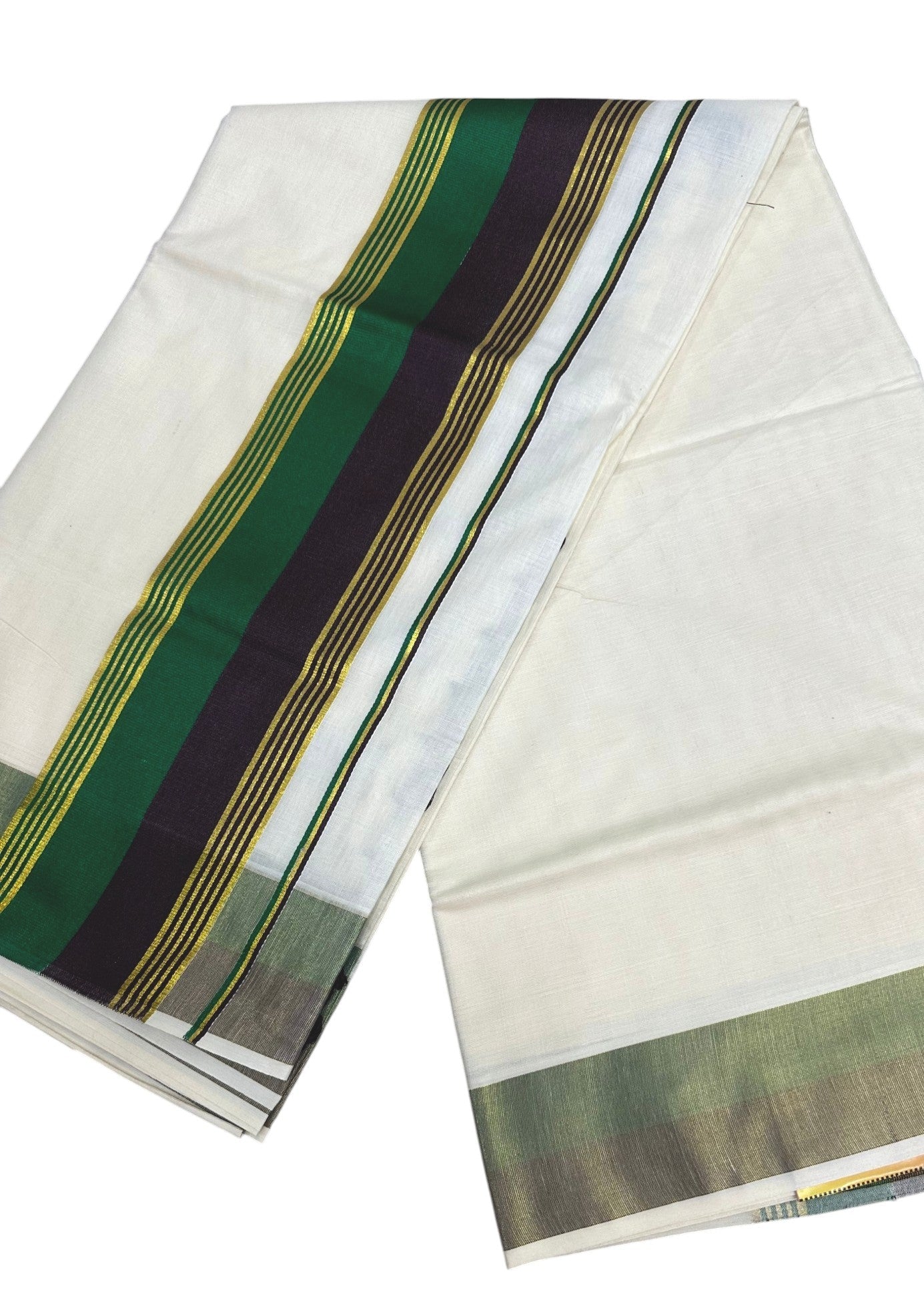 Kerala Cotton Kasavu Saree With Green And Dark Purple Borders SL499