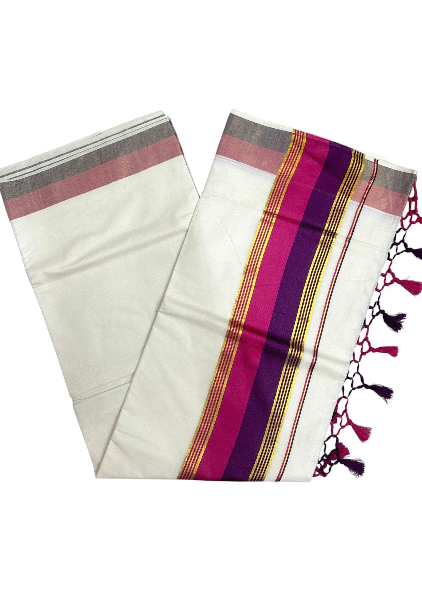 Kerala Cotton Kasavu Saree With Pink And Purple Borders SL499