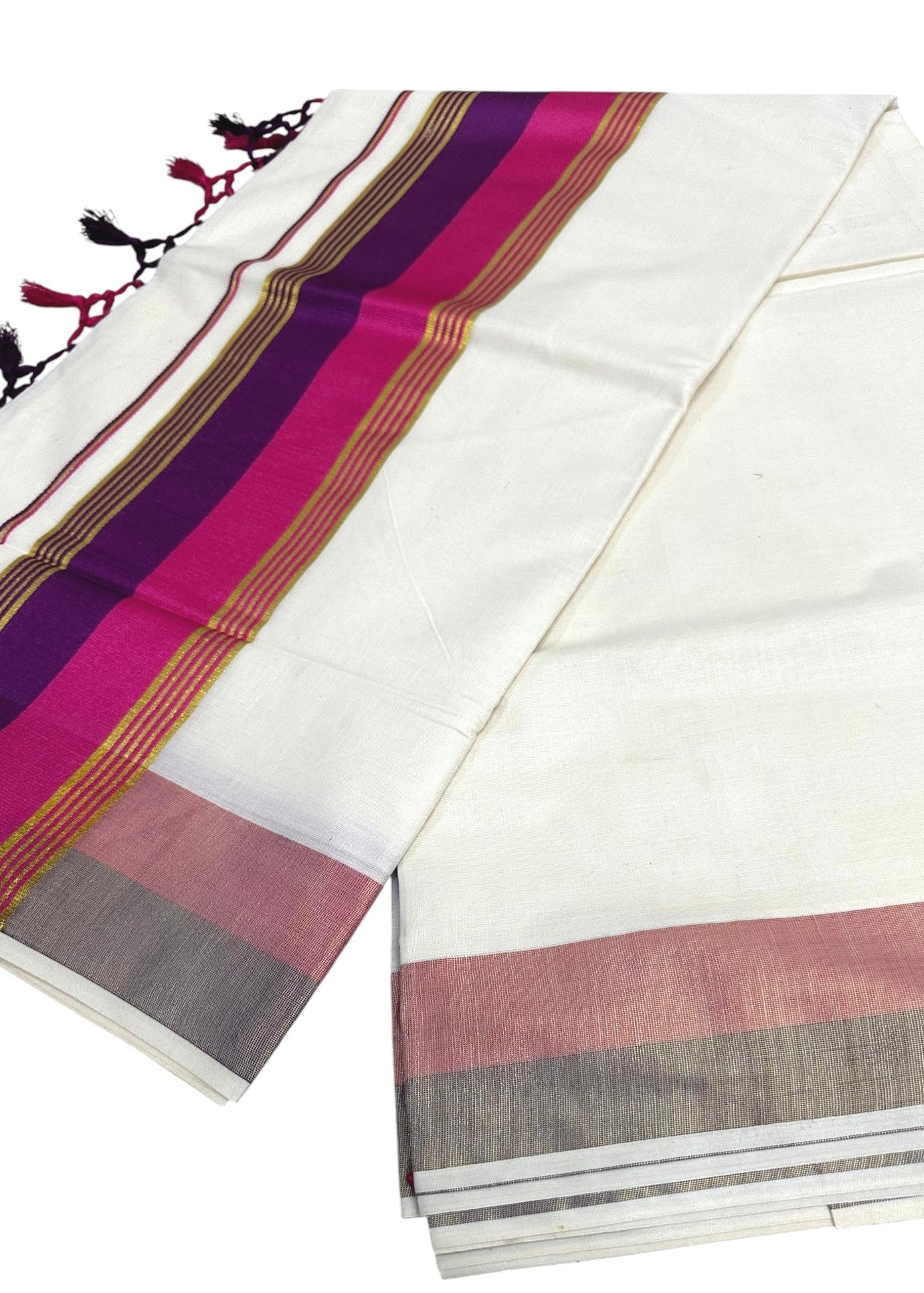 Kerala Cotton Kasavu Saree With Pink And Purple Borders SL499