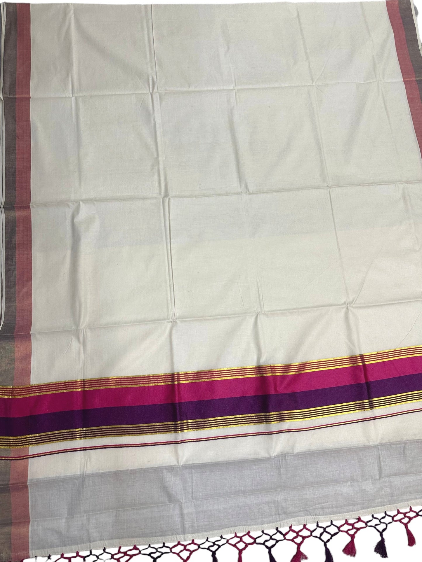 Kerala Cotton Kasavu Saree With Pink And Purple Borders SL499