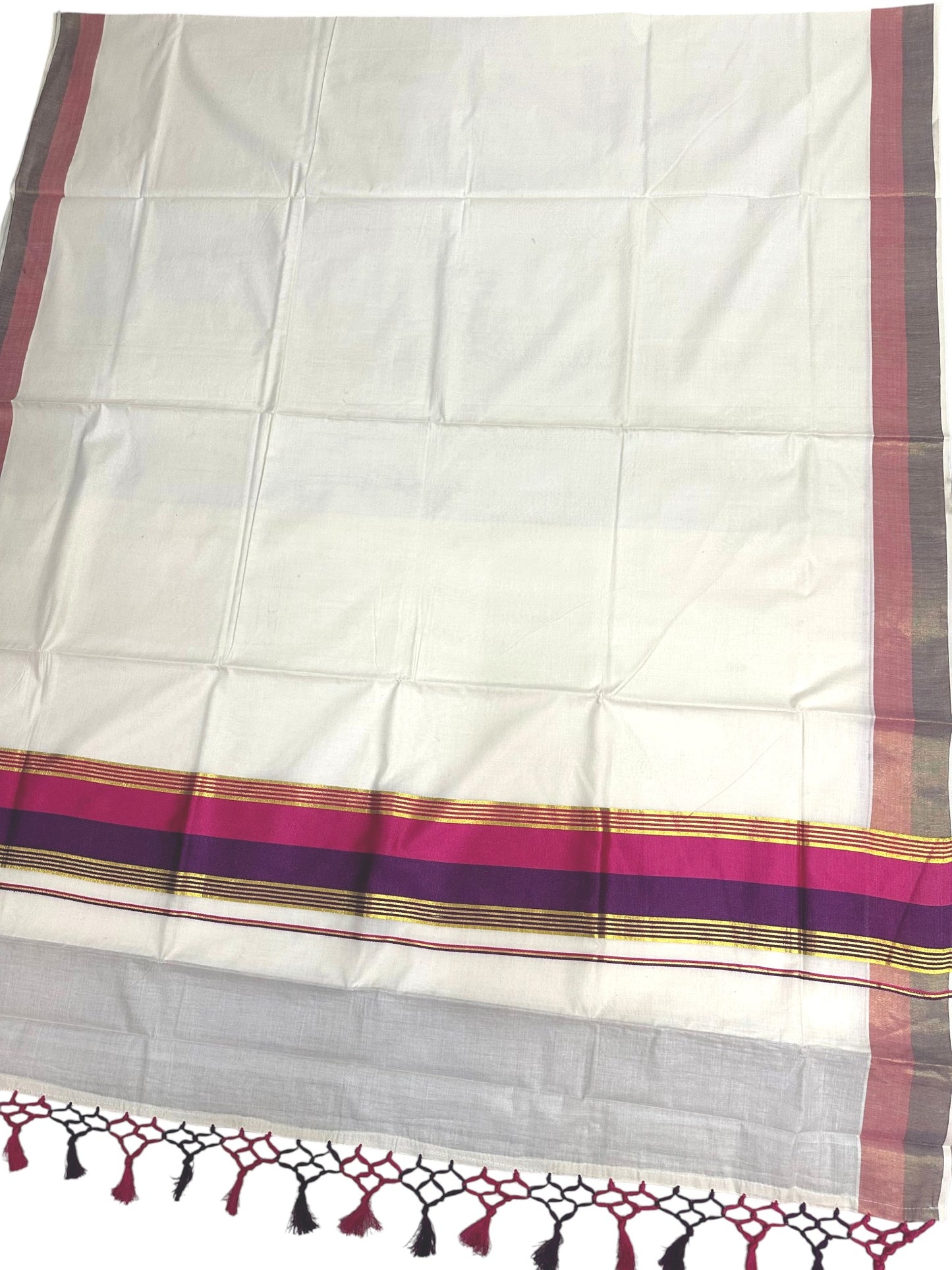 Kerala Cotton Kasavu Saree With Pink And Purple Borders SL499
