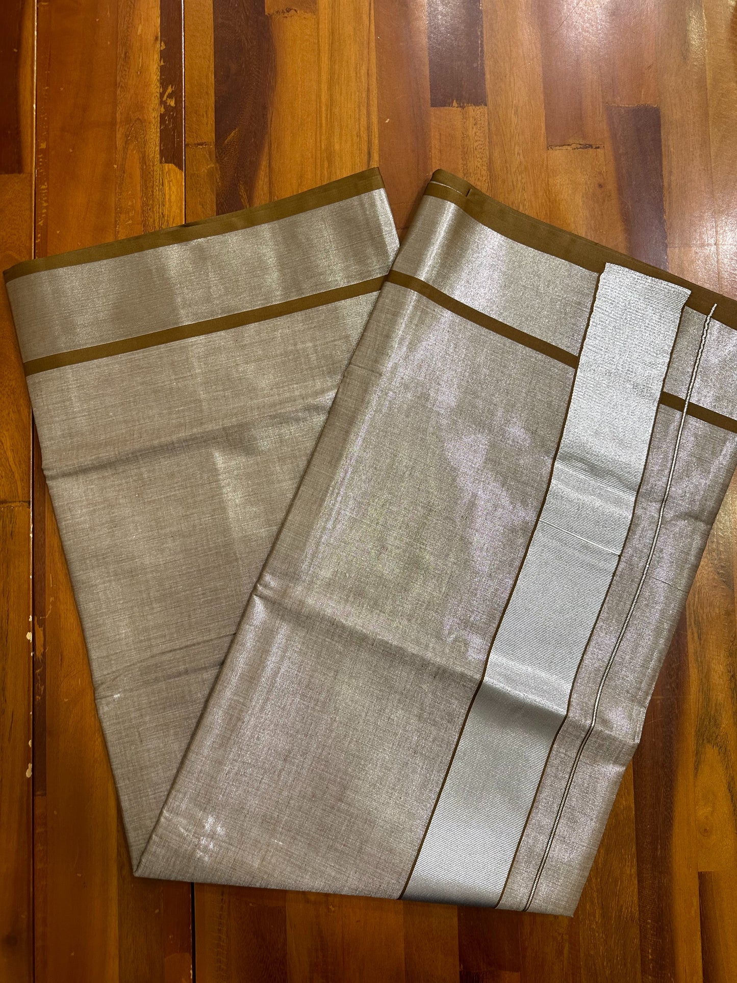 Southloom Brown Silver Tissue Kasavu Plain Kerala Saree