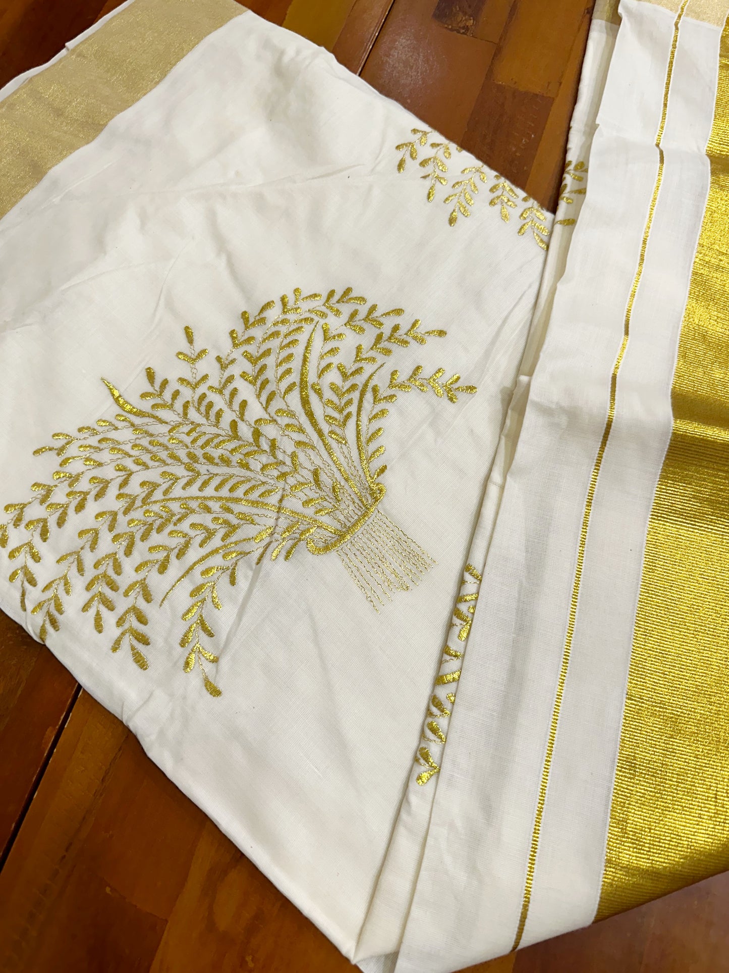 Southloom Nell Kathir Embroidery Golden Kasavu Kerala Saree