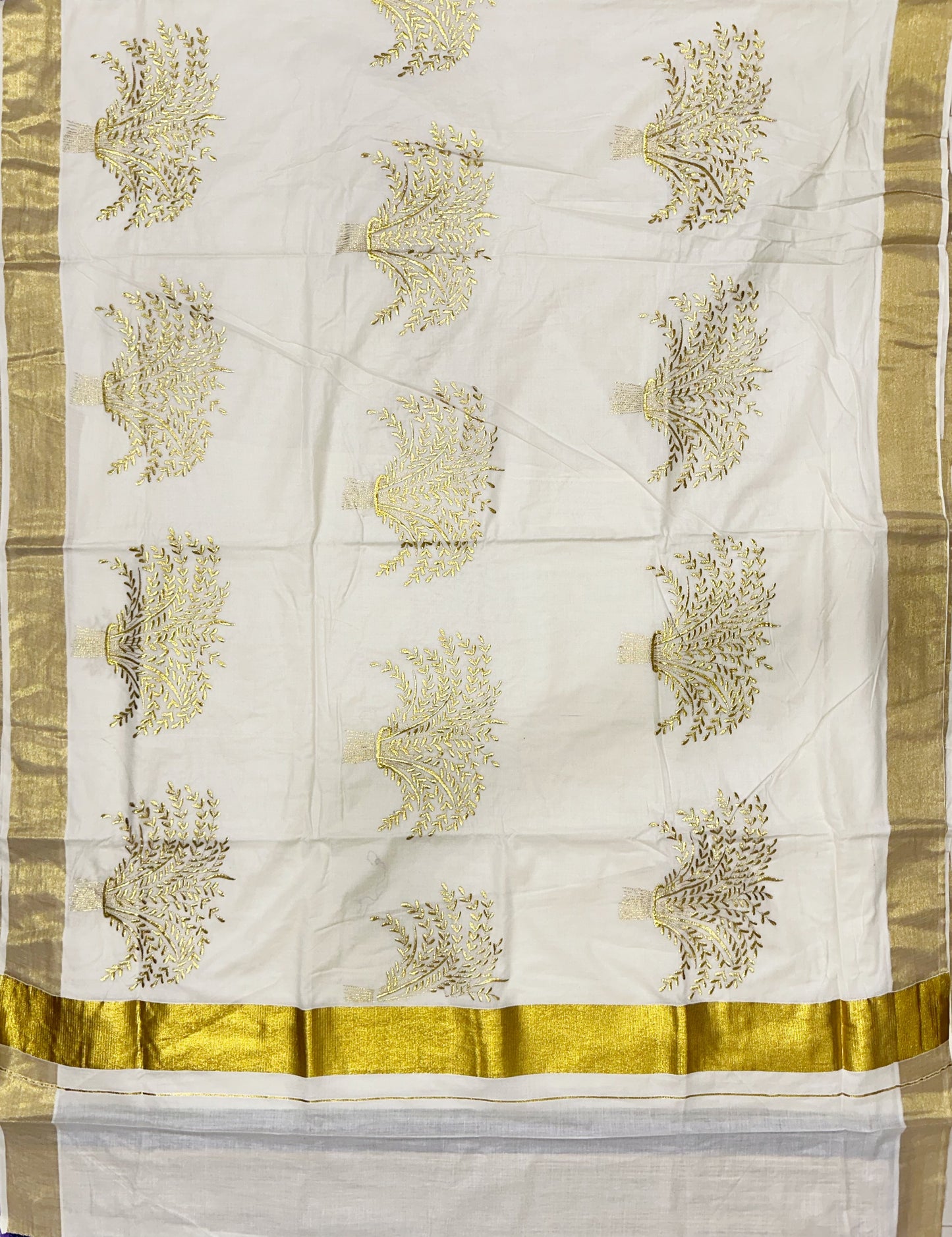 Southloom Nell Kathir Embroidery Golden Kasavu Kerala Saree