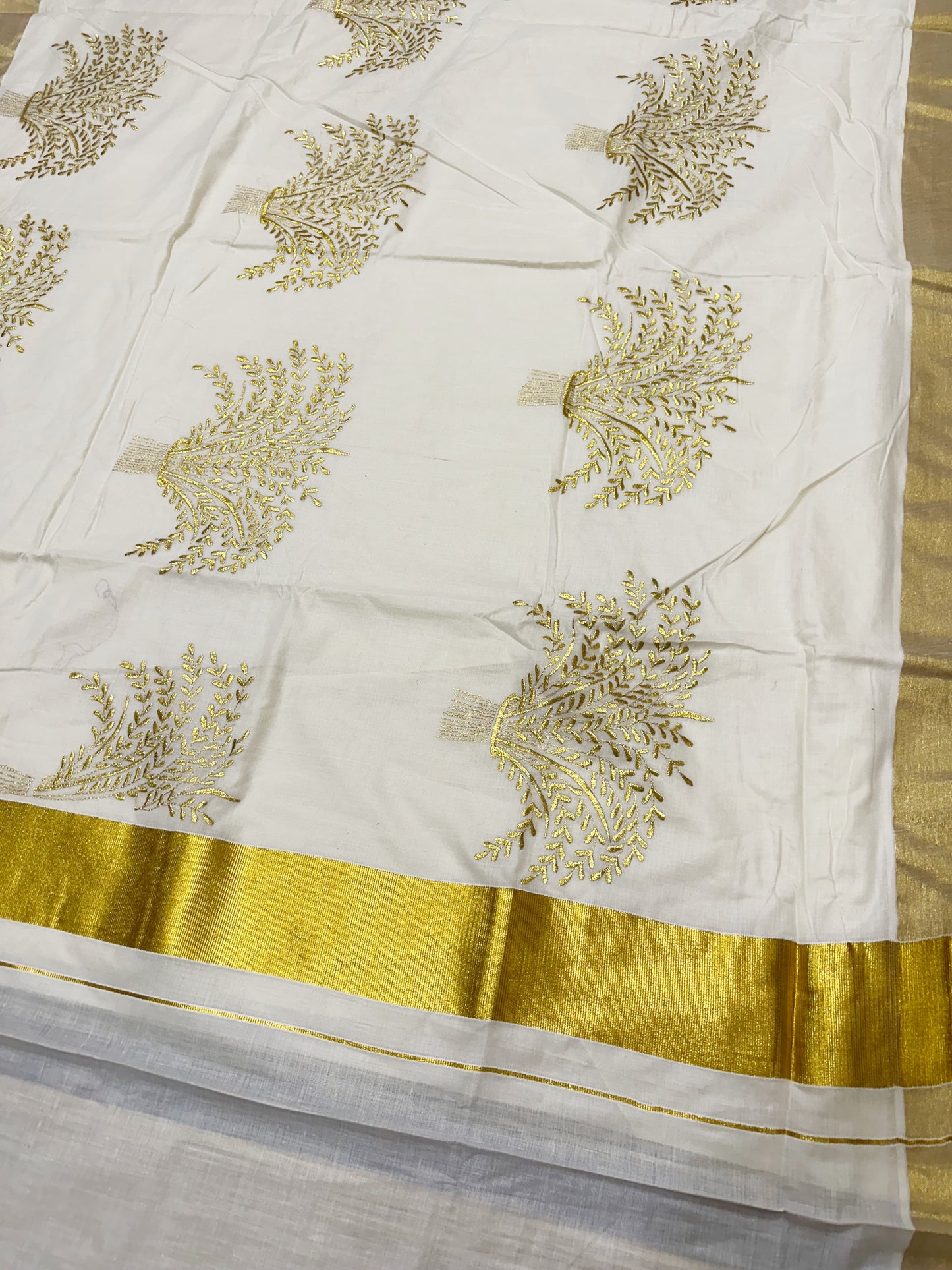 Southloom Nell Kathir Embroidery Golden Kasavu Kerala Saree