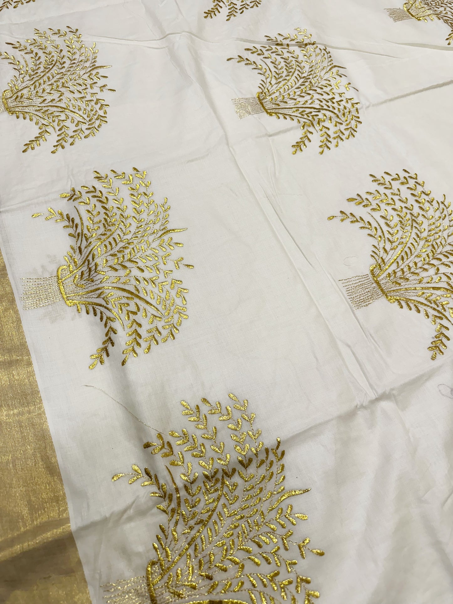 Southloom Nell Kathir Embroidery Golden Kasavu Kerala Saree