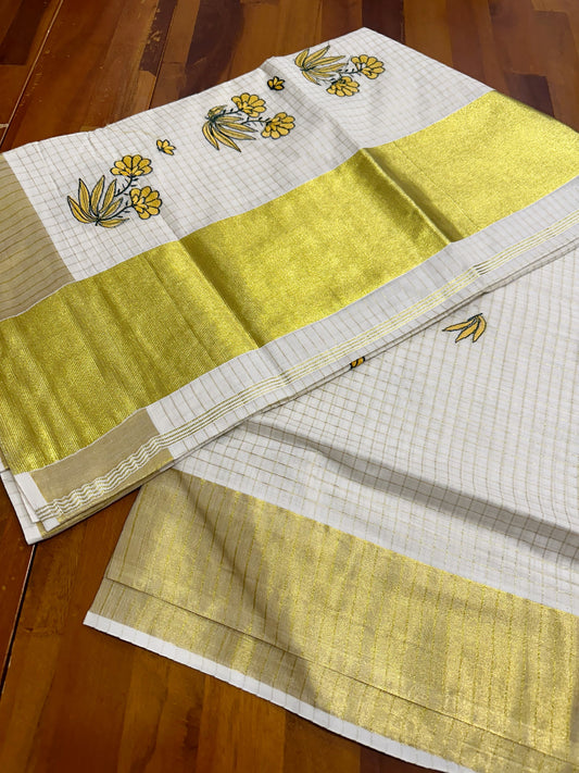 Southloom Woven Check Kasavu Saree with Floral Embroidery in Yellow and Green