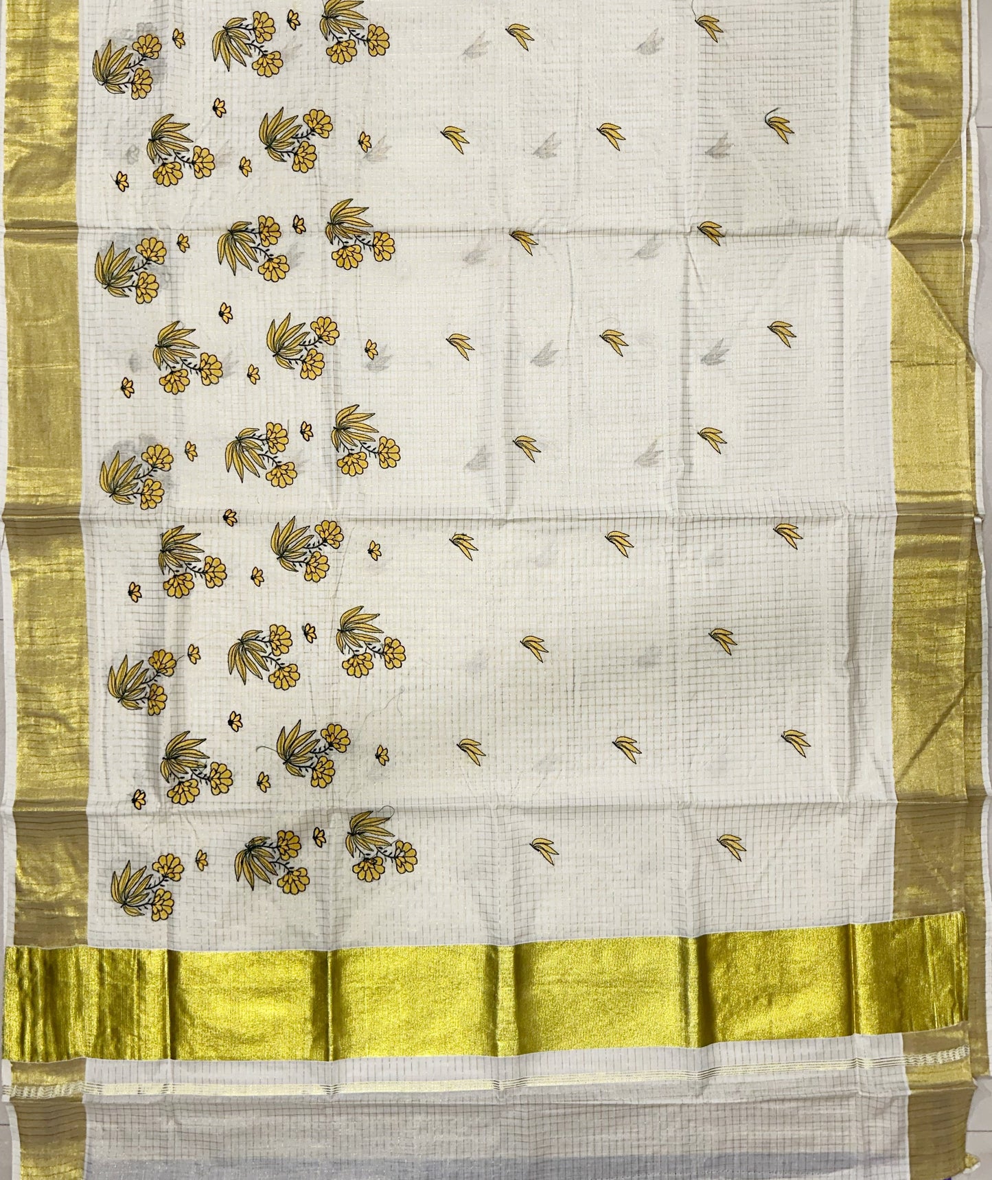 Southloom Woven Check Kasavu Saree with Floral Embroidery in Yellow and Green