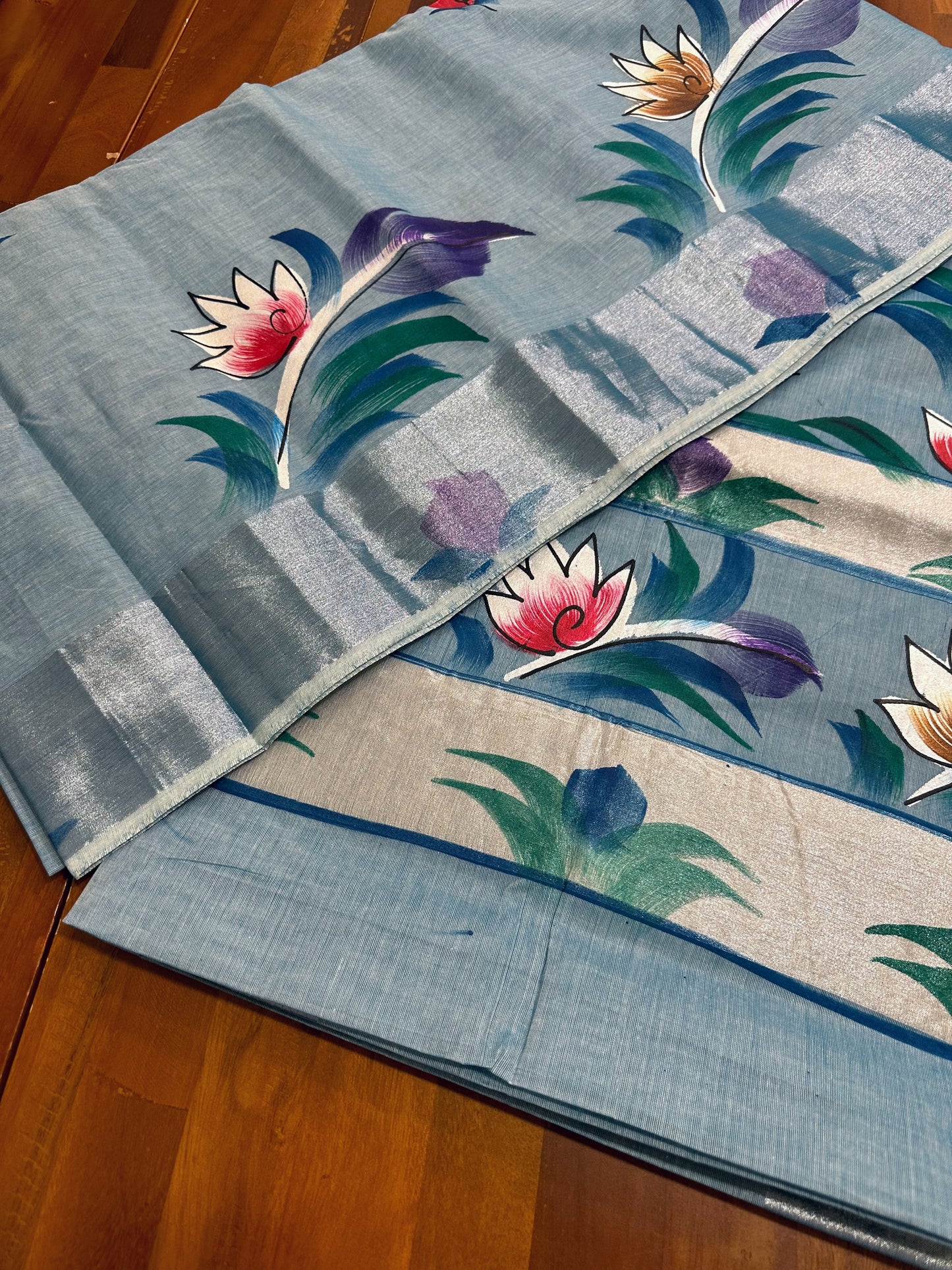 Southloom Silver Kasavu Blue Saree with Hand painted Floral Work Acorss Body