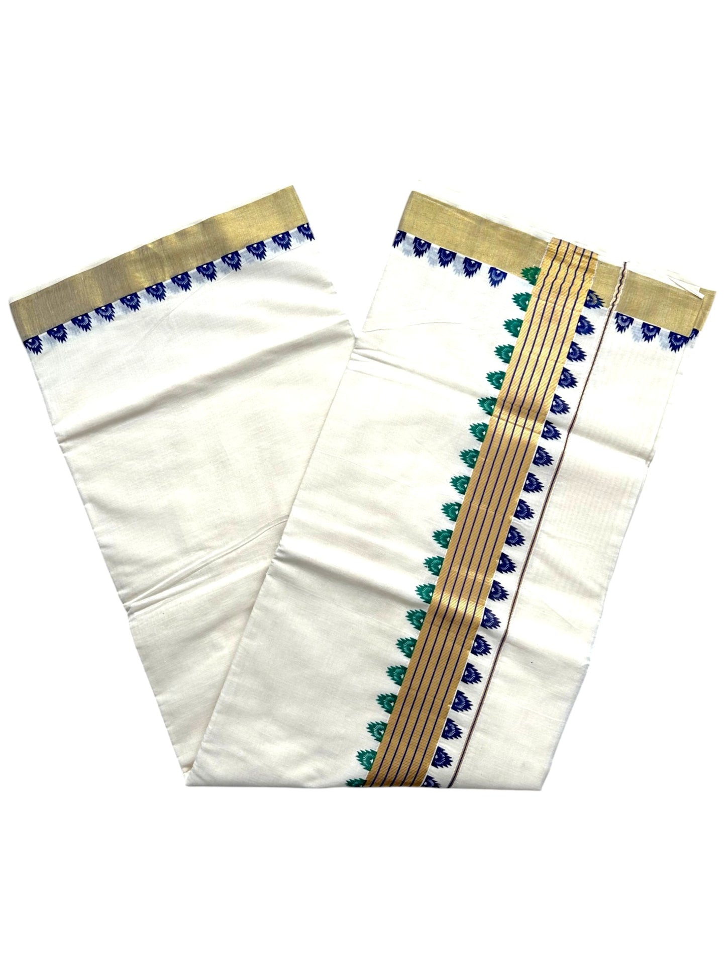 Southloom Kerala Cotton Kasavu Saree With Blue and Green Printed Borders