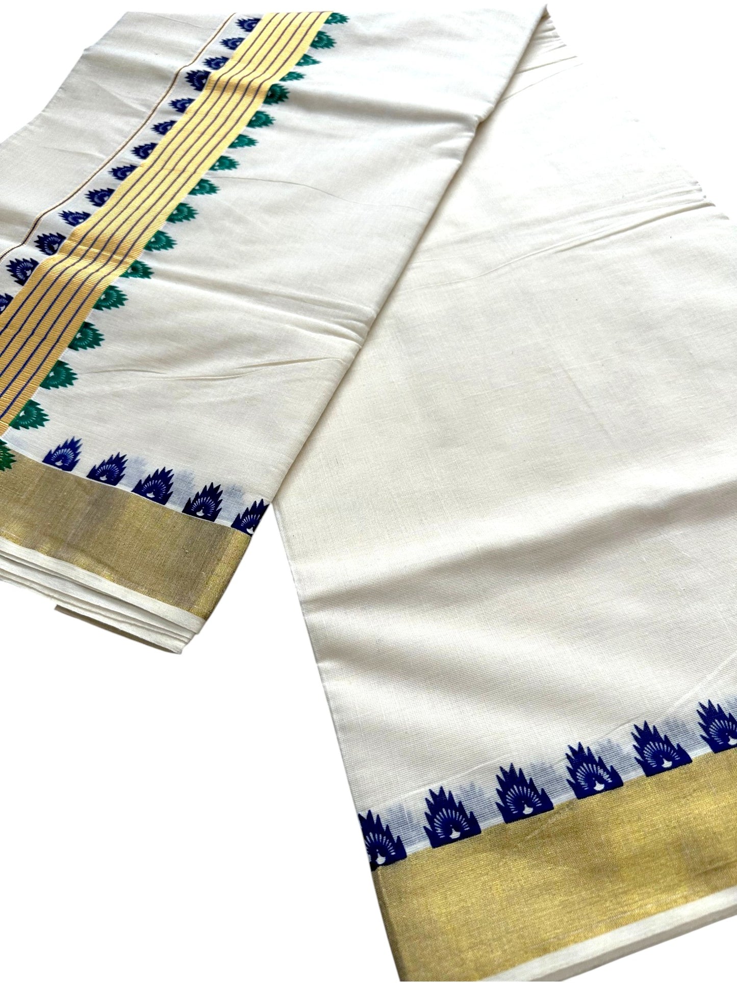 Southloom Kerala Cotton Kasavu Saree With Blue and Green Printed Borders