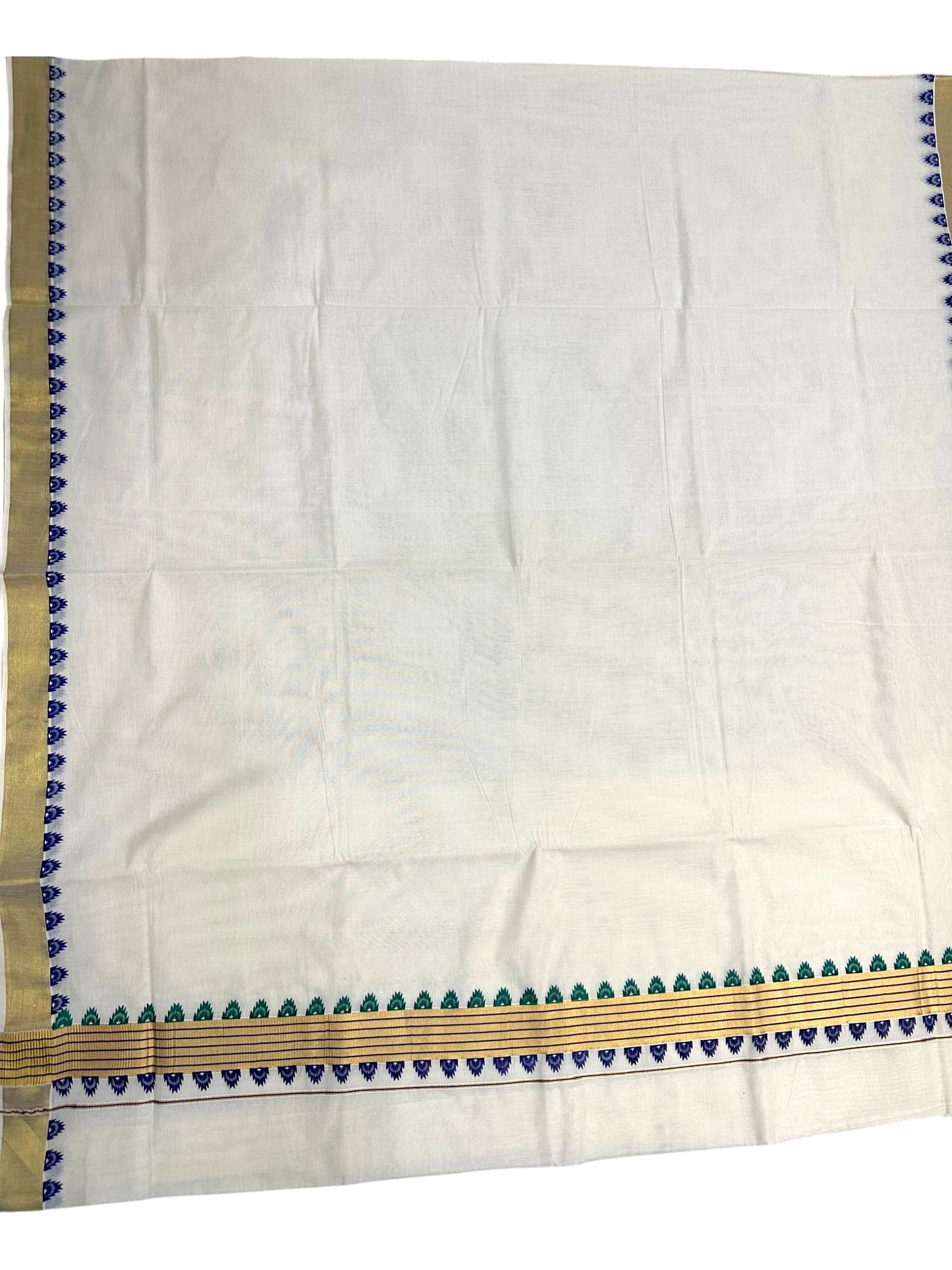 Southloom Kerala Cotton Kasavu Saree With Blue and Green Printed Borders